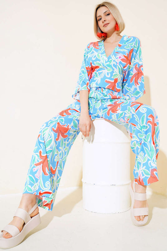 Patterned Oversized Crop Two-Piece Set Blue