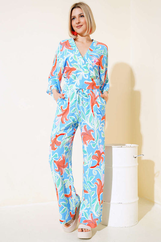 Patterned Oversized Crop Two-Piece Set Blue