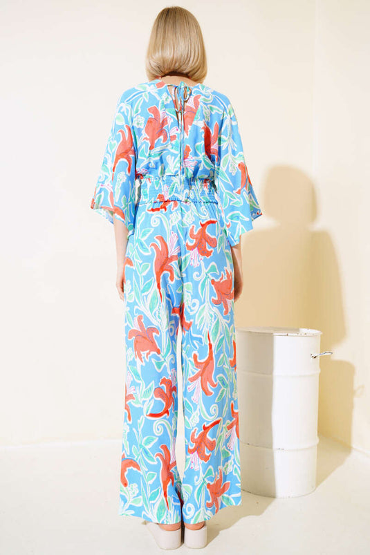 Patterned Oversized Crop Two-Piece Set Blue