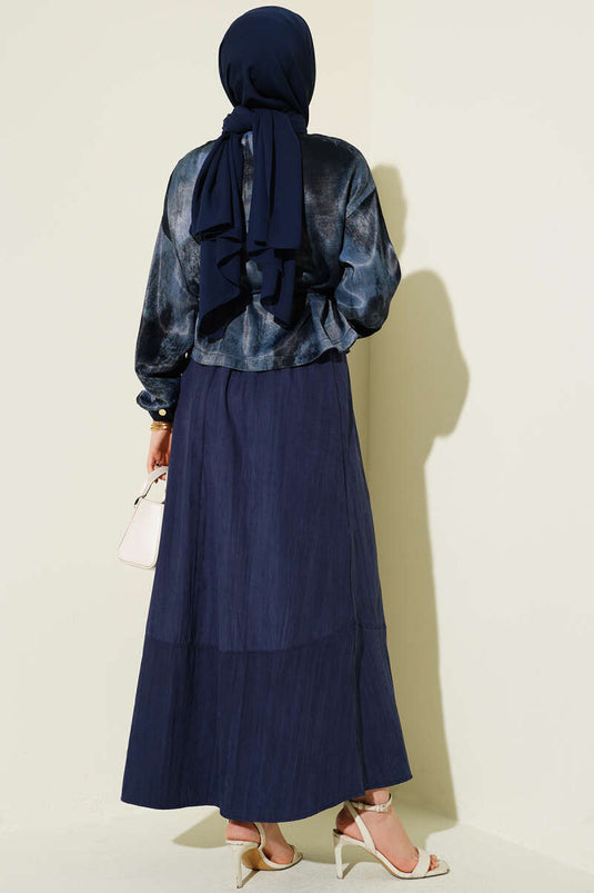 Patterned Satin Blouse and Skirt Two-Piece Set Navy Blue