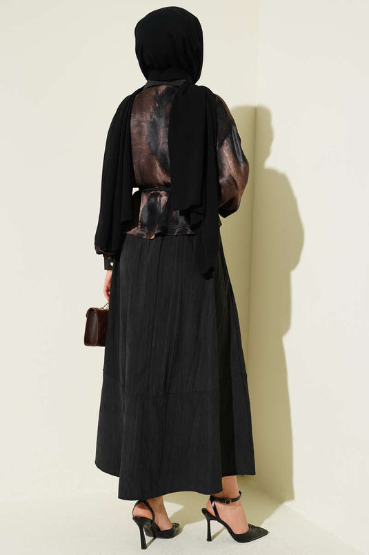 Patterned Satin Blouse and Skirt Two-Piece Set Black