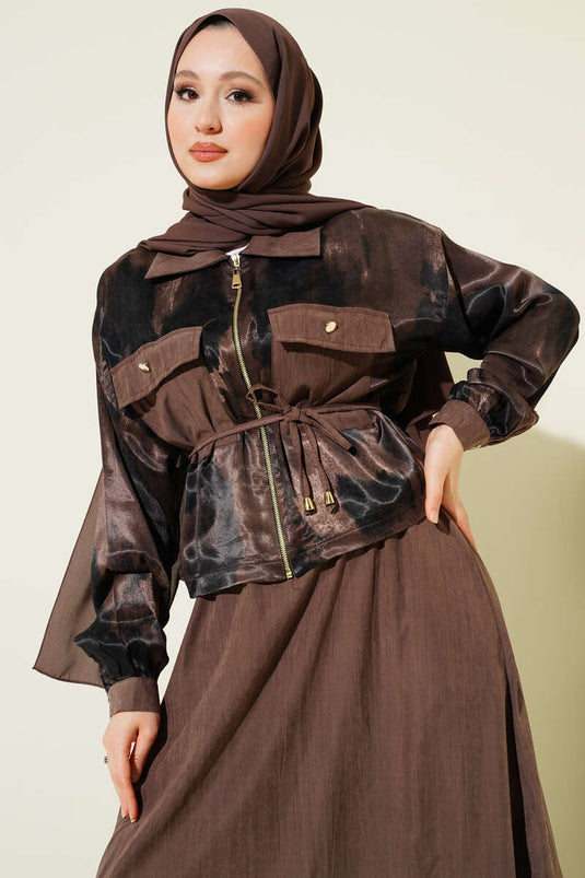 Patterned Satin Blouse and Skirt Two-Piece Set in Mink
