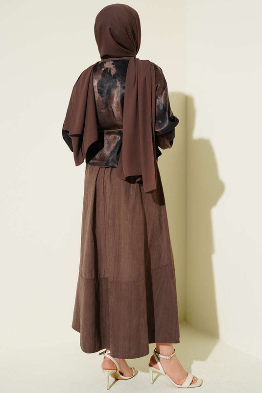 Patterned Satin Blouse and Skirt Two-Piece Set in Mink