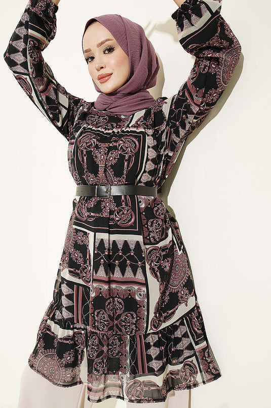 Gemusterte Chiffon-Tunika Schwarz