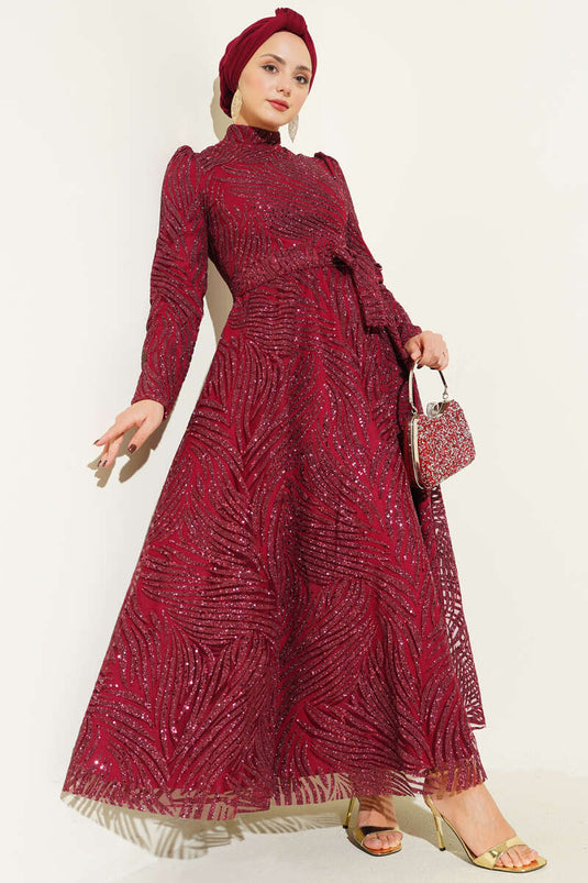 Patterned Glittery Sequin Evening Dress Burgundy