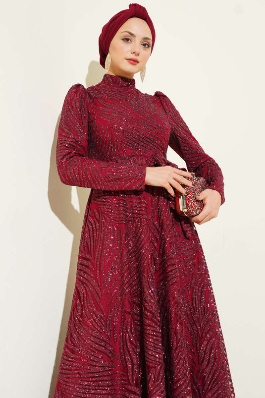Patterned Glittery Sequin Evening Dress Burgundy