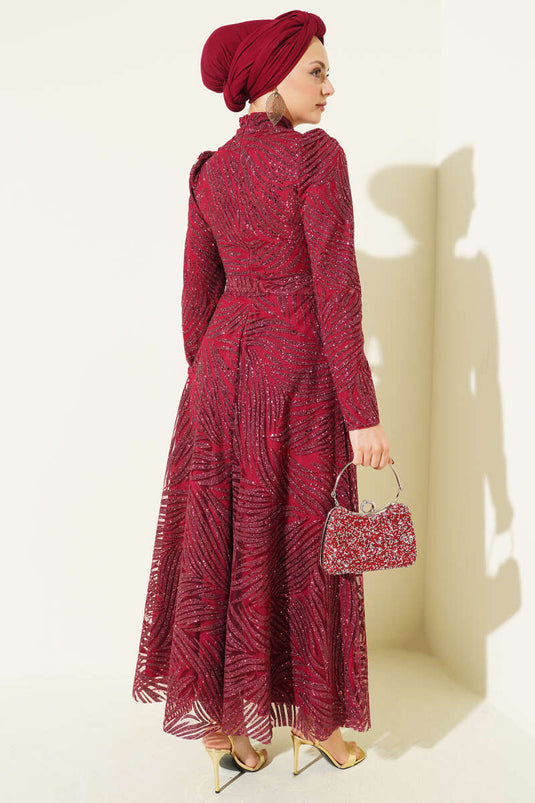 Patterned Glittery Sequin Evening Dress Burgundy