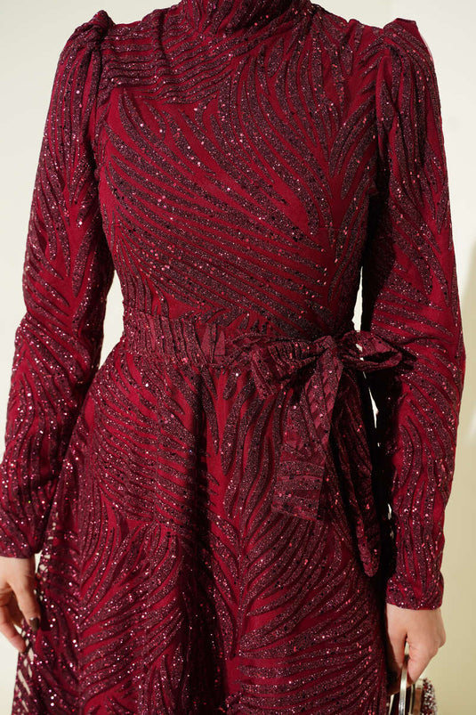 Patterned Glittery Sequin Evening Dress Burgundy