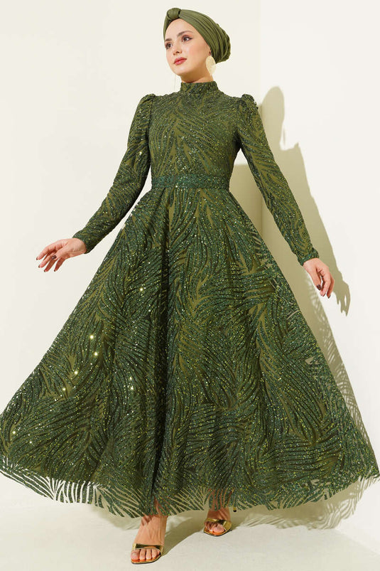 Patterned Glittery Sequin Evening Dress Khaki