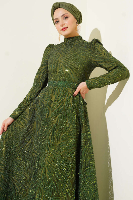 Patterned Glittery Sequin Evening Dress Khaki
