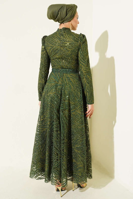 Patterned Glittery Sequin Evening Dress Khaki