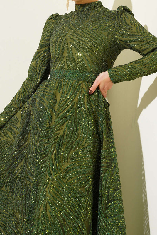 Patterned Glittery Sequin Evening Dress Khaki