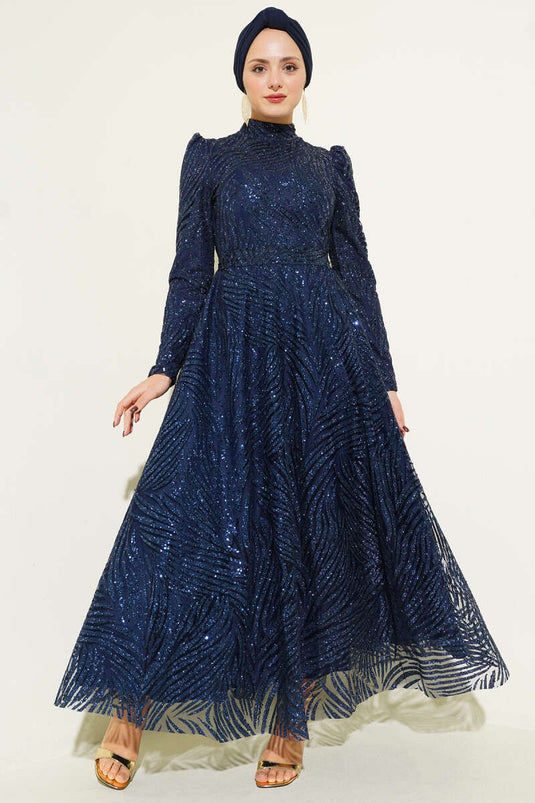 Patterned, Glittery, Sequined Evening Dress, Navy Blue