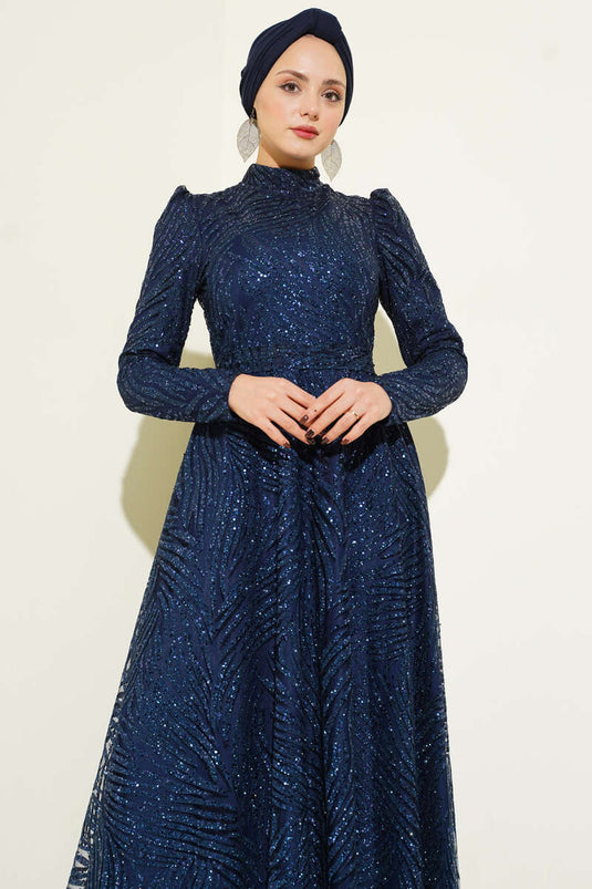 Patterned, Glittery, Sequined Evening Dress, Navy Blue