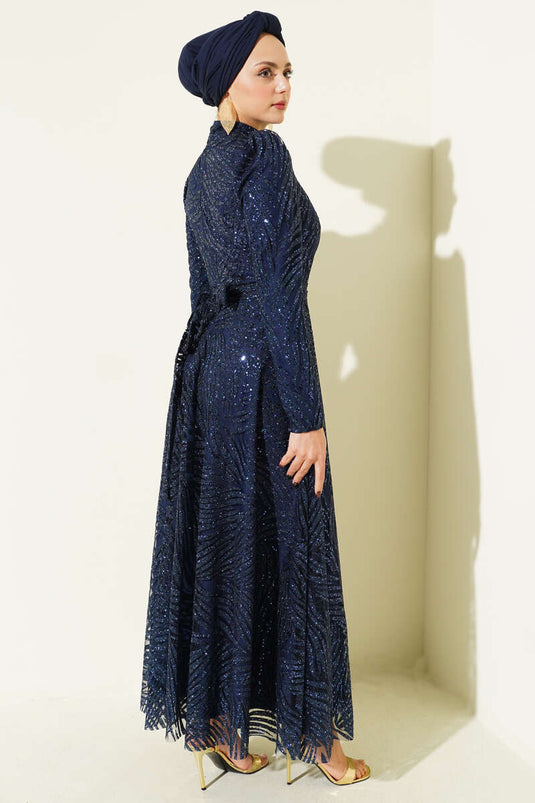 Patterned, Glittery, Sequined Evening Dress, Navy Blue