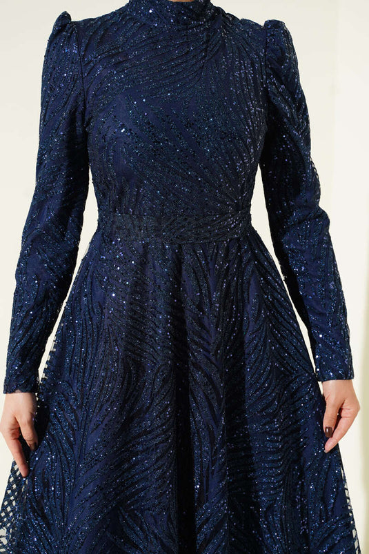 Patterned, Glittery, Sequined Evening Dress, Navy Blue