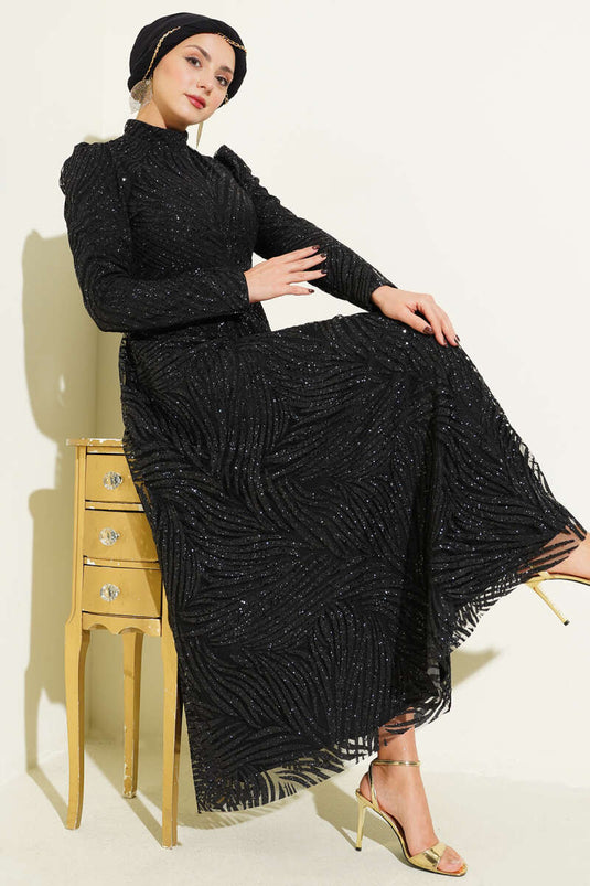Patterned Glittery Sequin Evening Dress Black