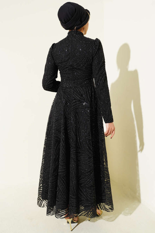 Patterned Glittery Sequin Evening Dress Black
