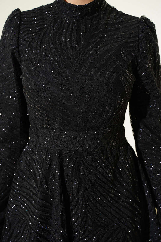 Patterned Glittery Sequin Evening Dress Black