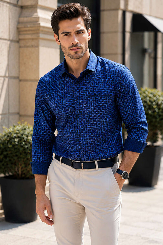 Desenli Slim Fit Uzun Kol Erkek Gömlek Lacivert