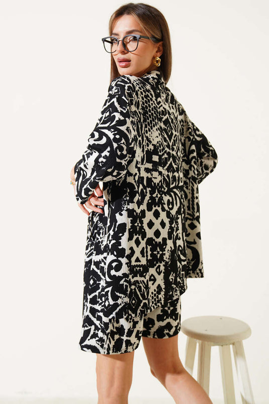 Patterned Shorts and Crepe Kimono Set in Black