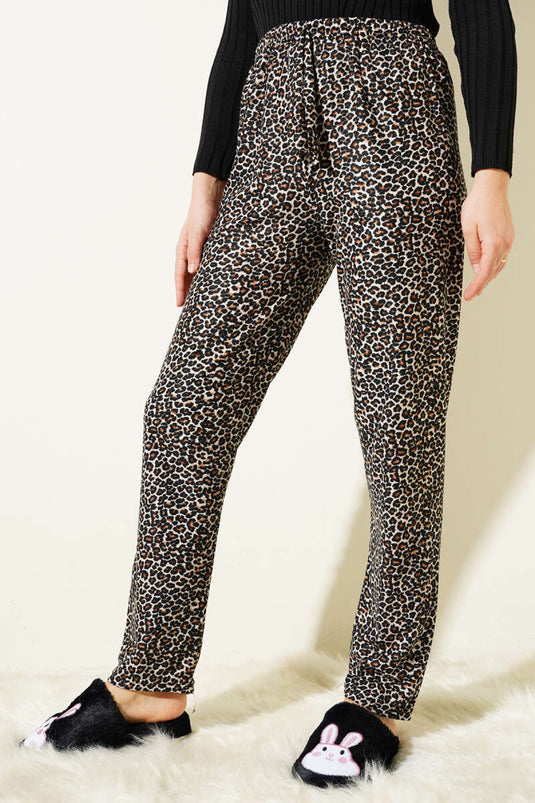 Desenli Süet Pijama Altı Leopar Ekru