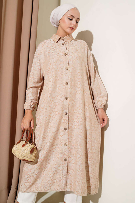 Desenli Tahta Düğmeli Uzun Gömlek Bej