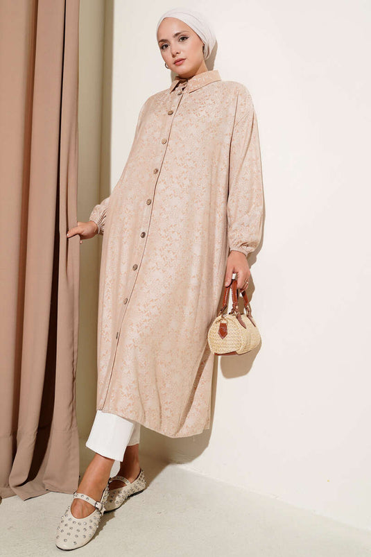 Desenli Tahta Düğmeli Uzun Gömlek Bej