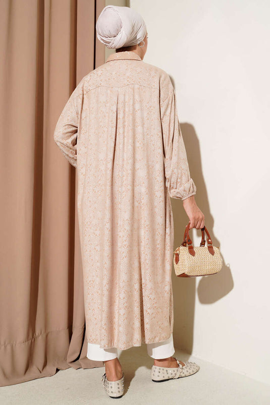 Desenli Tahta Düğmeli Uzun Gömlek Bej