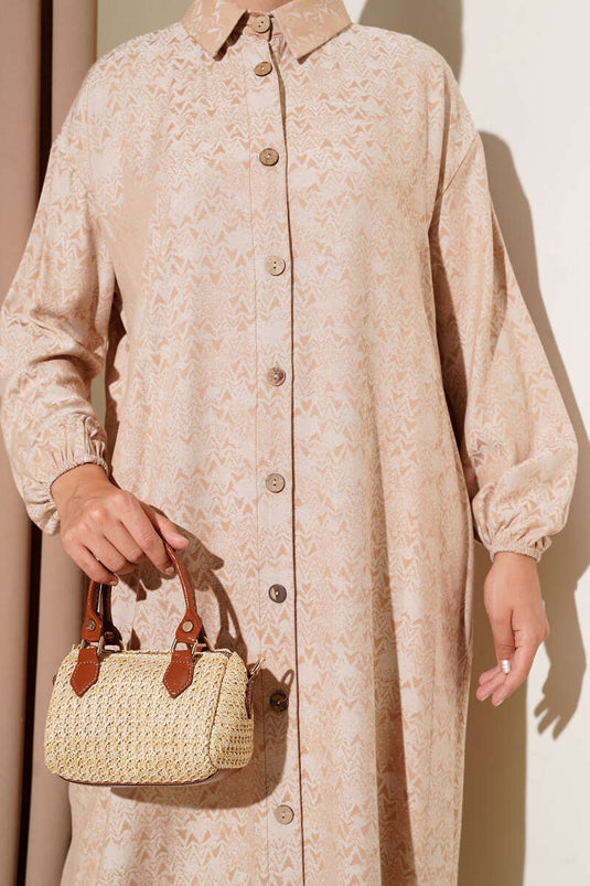 Desenli Tahta Düğmeli Uzun Gömlek Bej