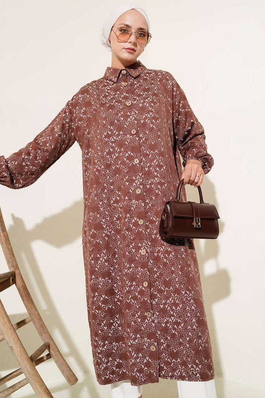 Desenli Tahta Düğmeli Uzun Gömlek Kahve