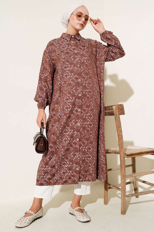 Desenli Tahta Düğmeli Uzun Gömlek Kahve