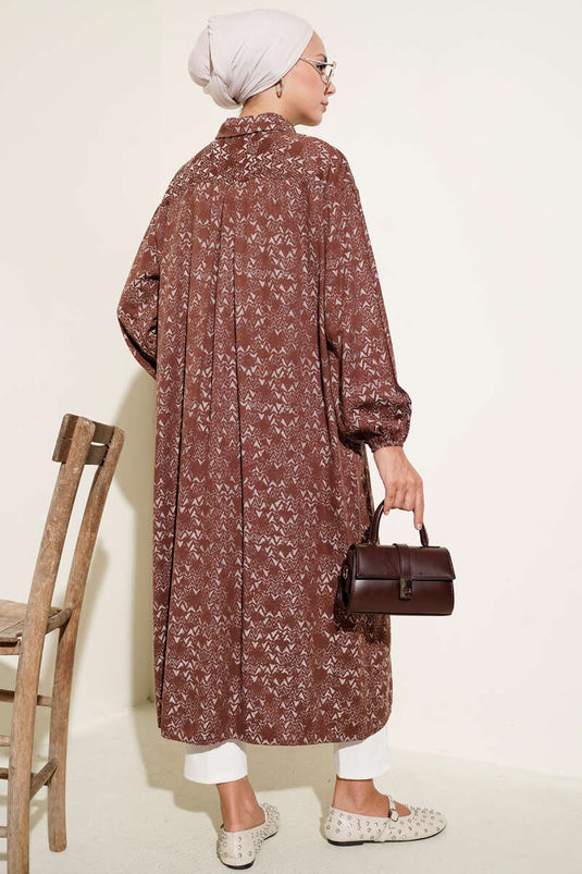 Desenli Tahta Düğmeli Uzun Gömlek Kahve