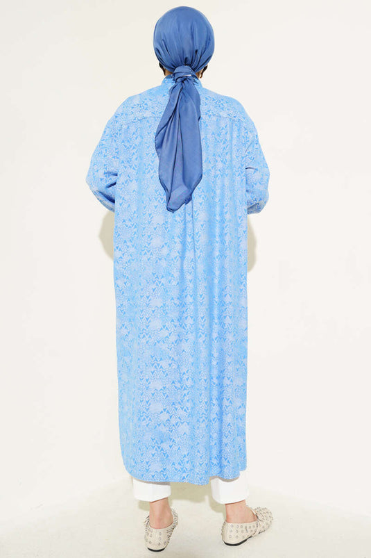 Patterned Long Shirt with Wooden Buttons, Blue