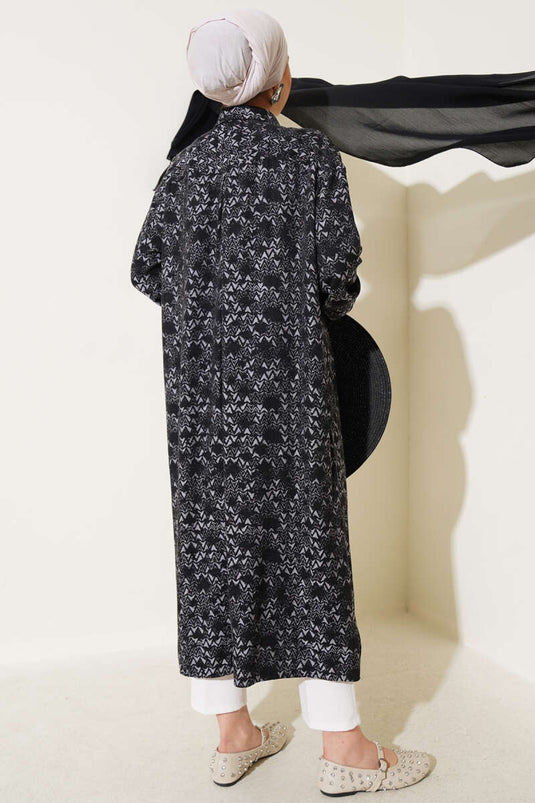 Patterned Long Shirt with Wooden Buttons, Black