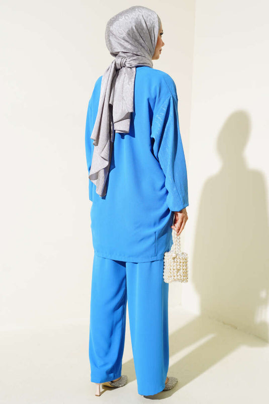 Desenli Taşlı İkili Takım Mavi