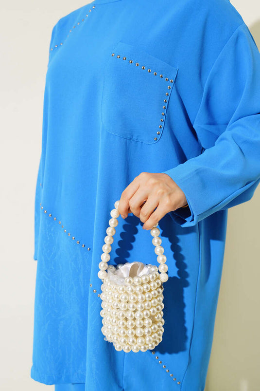 Desenli Taşlı İkili Takım Mavi