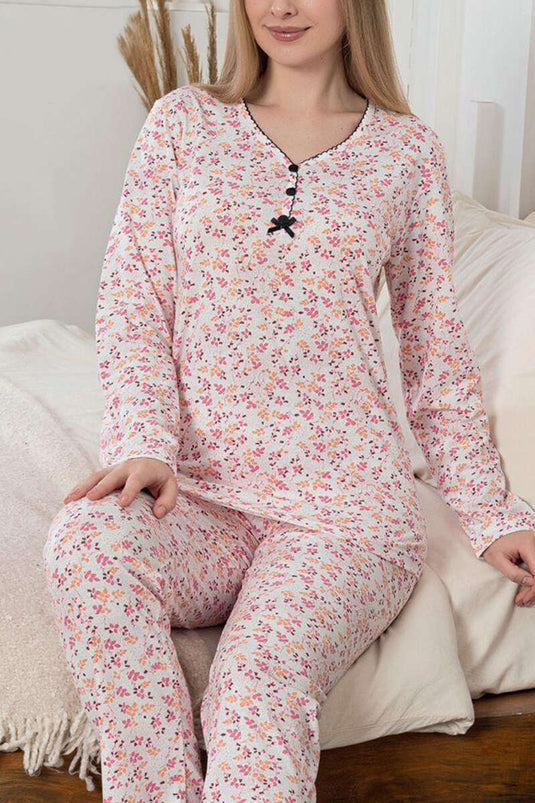 Gemustertes dreiknöpfiges Viskose-Pyjama-Set Fuchsie