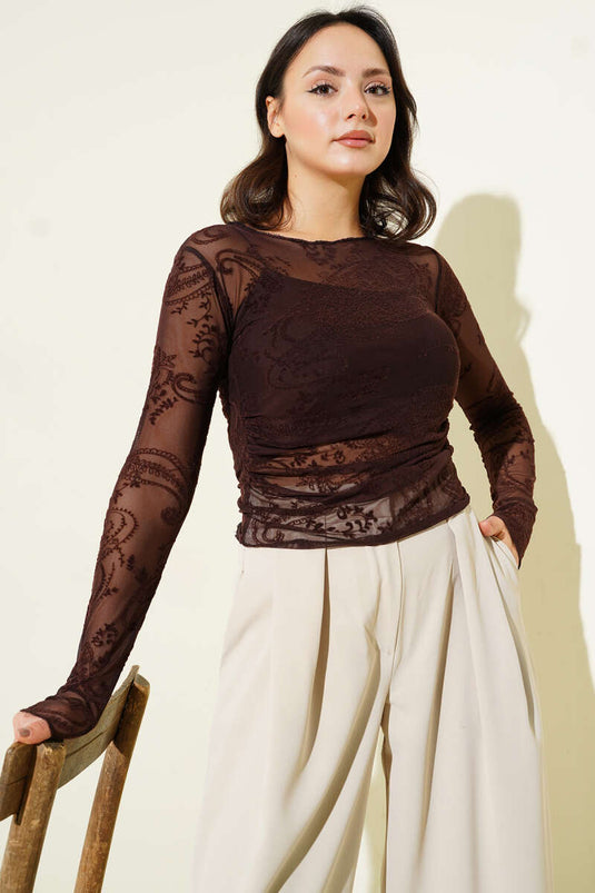 Desenli Uzun Kol Tül Bluz Acı Kahve