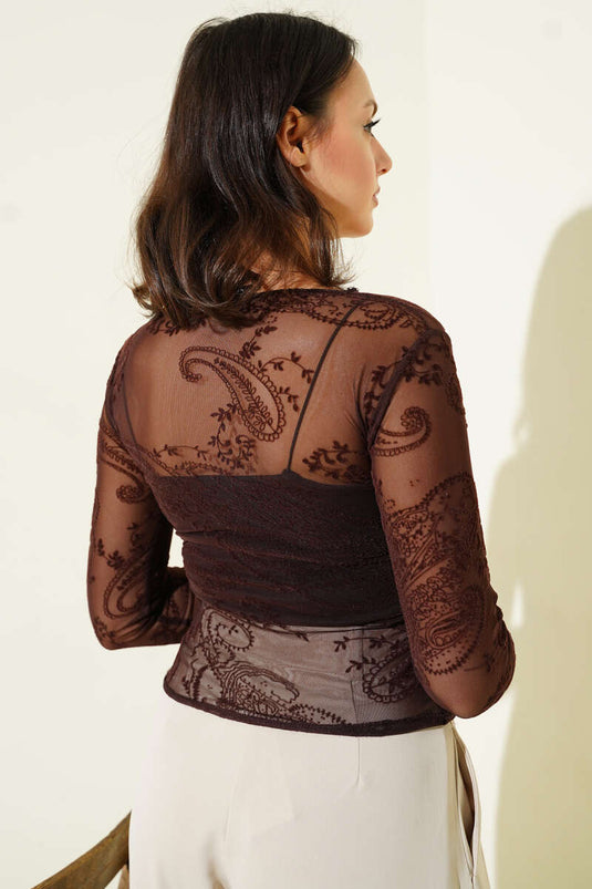 Desenli Uzun Kol Tül Bluz Acı Kahve