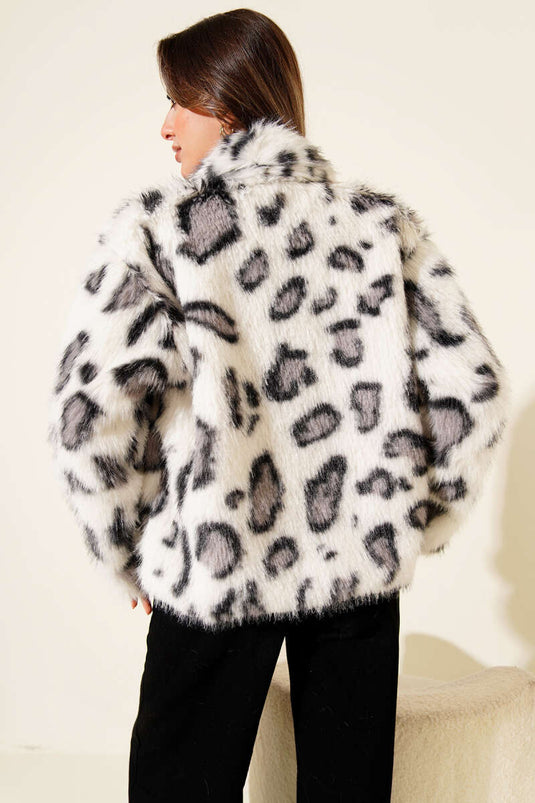Patterned Long Fur Coat, Ecru