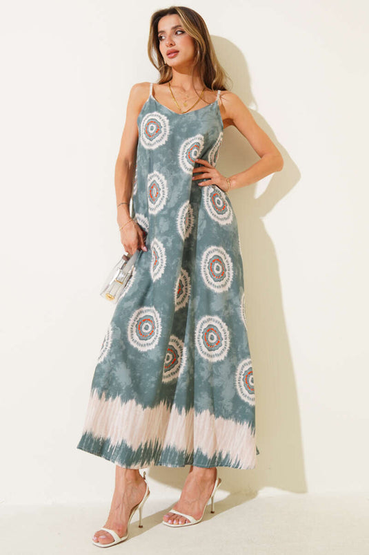 Patterned V-Neck Strappy Dress Green