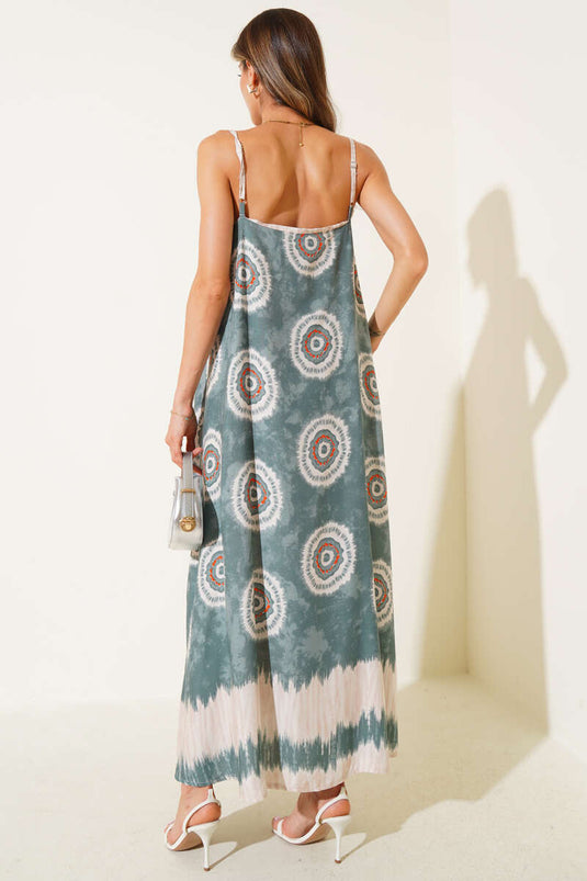 Patterned V-Neck Strappy Dress Green