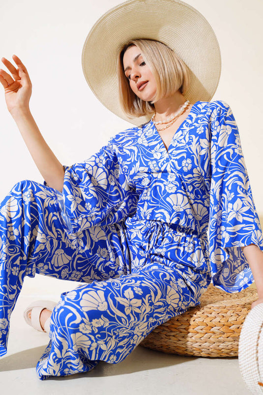 Patterned V Neck Crop Two-Piece Set in Royal Blue