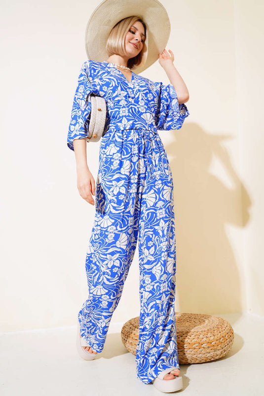 Patterned V Neck Crop Two-Piece Set in Royal Blue