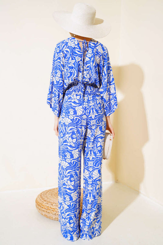 Patterned V Neck Crop Two-Piece Set in Royal Blue