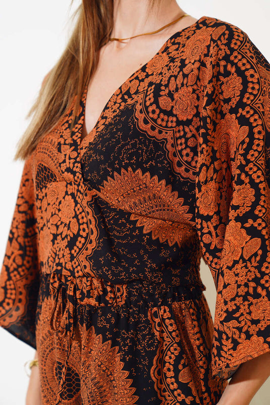 Ensemble deux pièces court à col en V à motifs beige