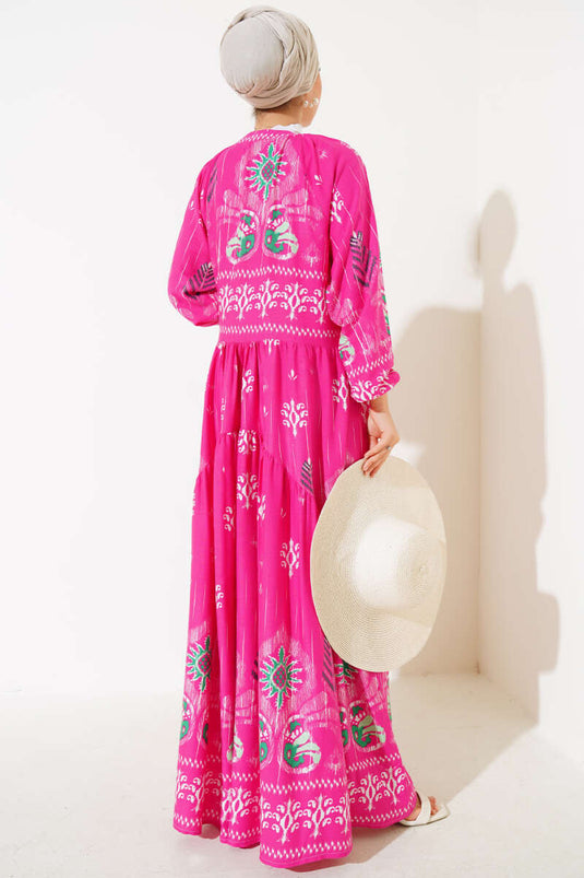 Desenli V Yaka Elbise Fuşya