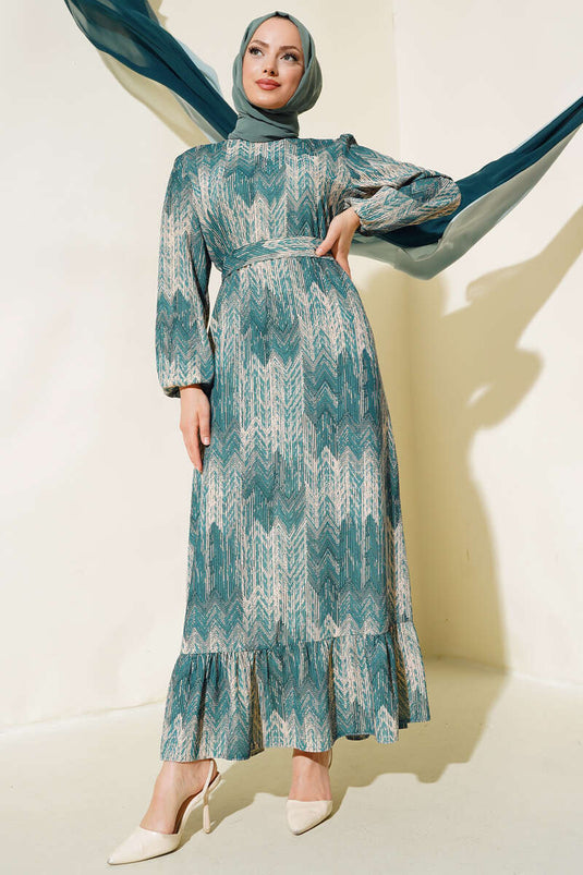 فستان من الفيسكوز منقوش باللون الأخضر الزمردي