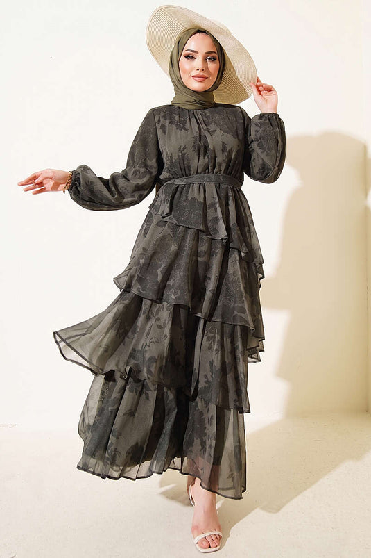 Robe à volants à ceinture imprimée kaki